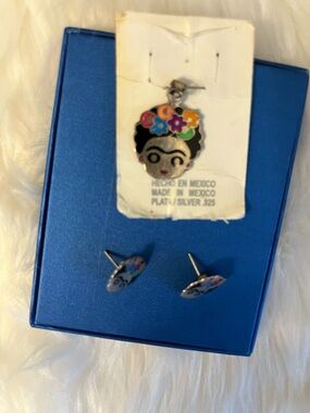 Frida-Inspired Silver Floral Enamel Pendant and Stud Earring Set - Multicolor